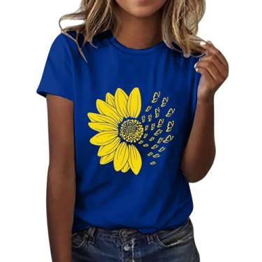 Imagem de Duobla Camiseta feminina com estampa de flores de verão camisetas casuais soltas manga curta gola redonda camisetas fofas 2024 moda, A - 3 - azul, M