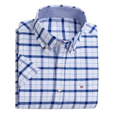 Imagem de Cromoncent Camisa Oxford masculina de algodão de manga curta, Xadrez azul, GG