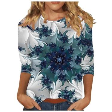 Imagem de MaMiDay Camisetas femininas de manga 3/4 com estampa floral folgada casual moderna e elegante camisetas estampadas camiseta gola redonda, A03# azul-marinho, M