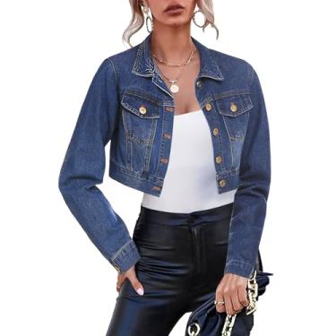 Imagem de GarRela Jaqueta jeans feminina cropped com botões, desgastada, lavada, manga comprida, casaco casual, Azul escuro, M