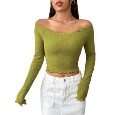 Imagem de SHENHE Camiseta feminina tricotada fora do ombro com acabamento de alface manga longa cropped sexy top, Verde oliva, M