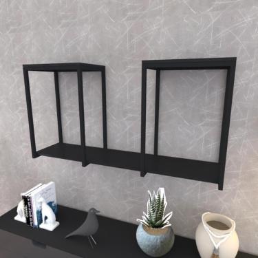 Imagem de Prateleira Industrial Suspensa Estante Parede Nicho Preto Ferro E Madeira Suporte Pratileira