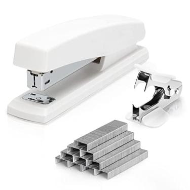 Imagem de Deli Grampeador, grampeador de mesa, grampeador de escritório, capacidade para 25 folhas, inclui 1000 grampos e removedor de grampo, branco