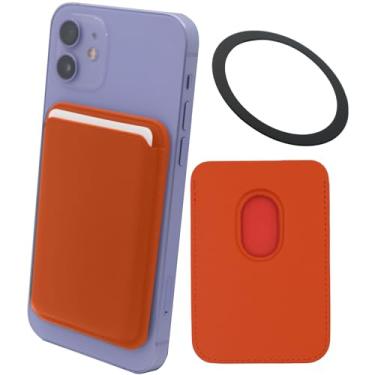 Imagem de Meroqeel Compatível com carteira MagSafe, carteira magnética para iPhone 15/14/13/12 Mini Plus e Pro Max, carteira de couro com anel magnético forte para cartão de crédito - laranja