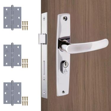 Imagem de Fechadura Para Porta Externa Aço Inox Cromado + Dobradiças