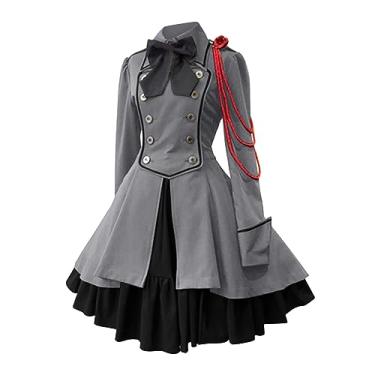 Imagem de Vestido feminino retrô cor sólida manga trompete vestido longo antigo anel medieval, Cinza, GG