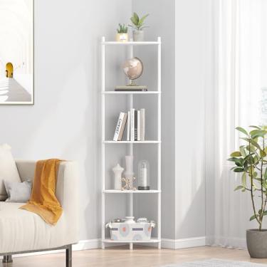 Imagem de Wisuce Suporte de prateleira de canto - Estante de canto pequena de bambu branco de 5 camadas para escritório, cozinha, quarto, plantas, decoração de sala de estar, espaço pequeno