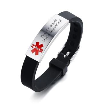 Imagem de Pulseira tipo 1 para diabéticos dependentes de insulina ajustável de silicone para identificação de alerta médico, pulseiras médicas para diabetes tipo 1 com cartão médico para adolescentes e adultos,