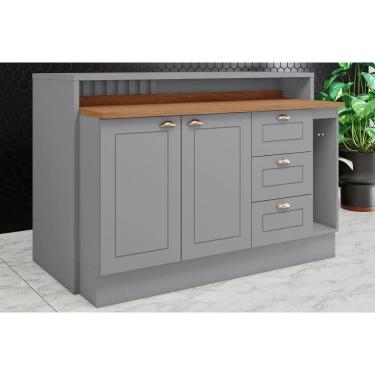 Imagem de Bancada Ilha Cozinha Gourmet Americana c/ 2 Portas e 3 Gavetas 145cm Cinza - Henn