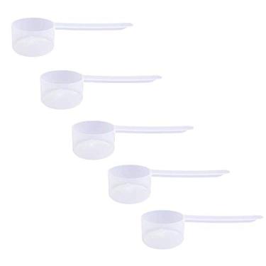 Imagem de Colheres de medição de plástico, (43 cc | 42,5 g | 43 ml) Colheres de cabo longo para pós, grânulos, café, ração para animais de estimação, suprimentos de panificação, proteína e outros produtos secos, livre de BPA (conjunto com 5)