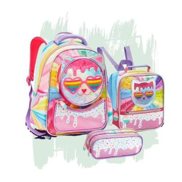 Imagem de Kit Mochila Escolar Infantil Menina 3 Divisórias Gatinha Unicórnio Com