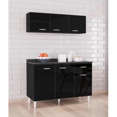 Imagem de Jogo de cozinha Balcão 120mt com Tampo Mdp e Aéreo 3 portas Preto Poqu