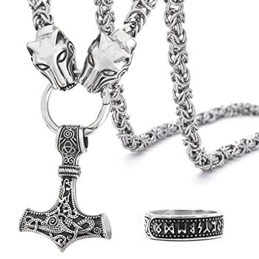 Imagem de Colar BaviPower Mjolnir The Thor's Hammer com cabeça de lobo, corrente King de aço inoxidável nórdico escandinavo autêntico viking joia