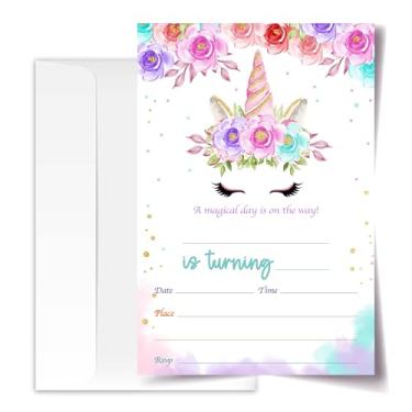 Imagem de ANYEMW Cartões de convite de aniversário de unicórnio com envelopes pacote de 20 (10 x 15 cm), convites de festa para meninos, meninas, crianças, adolescentes, decoração e suprimentos de lembrancinhas