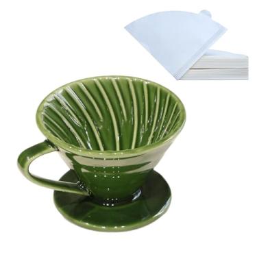 Imagem de LonMuseum O coador de café de cerâmica inclui 50 filtros de porcelana e cafeteira, 01 cerâmica desenhada à mão, verde, portátil, artesanal, presente manual para 1 a 2 pessoas em casa, escritório,