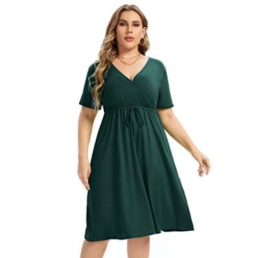 Imagem de ShopWonder Vestido plus size feminino gola V evasê comprimento até o joelho mini vestido com cinto plus size A linha festa minivestido verde-cs 3GG