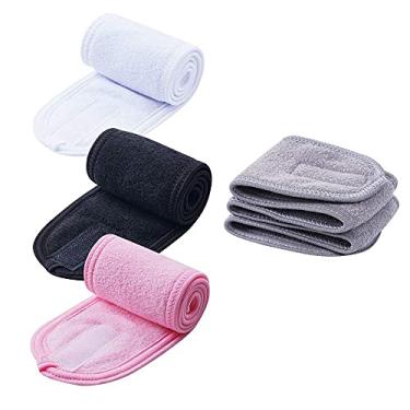 Imagem de 4 peças de faixas de cabelo para spa facial (branco, preto, rosa, cinza), roupa de banho de maquiagem com faixa de cabeça esportiva tecido felpudo com elástico e fita mágica