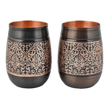 Imagem de HealthGoodsIn - Conjunto de 2 copos de cobre padrão floral, 250 ml, para benefícios de saúde Ayurveda