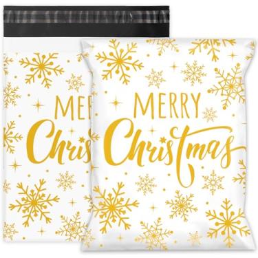 Imagem de Whaline 100 peças Merry Christmas Poly Mailer 10 x 13 polegadas ouro floco de neve sacos de correio clássico Natal inverno embalagem de plástico auto-selante sacos envelope para pequenas empresas