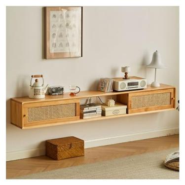 Imagem de Meuble télé Suporte de TV flutuante de madeira mural com armários e prateleiras de exibição e portas deslizantes, centro de entretenimento montado na parede de 118,2 cm/59 polegadas/70,8 pol., console