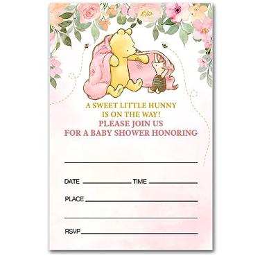 Imagem de brayqu Convites para festa de chá de bebê Ursinho Pooh Rosa a Sweet Little Hunny Tema Menina Chá de Bebê Convites de Festa (20 Cartões com Envelopes)