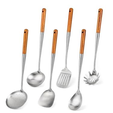 Imagem de FJNATINH Conjuntos de utensílios de cozinha de aço inoxidável 304-6 peças de conjuntos de espátula wok, ferramentas de utensílios de cozinha, espátula, concha de sopa, colher skimmer, afin