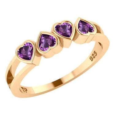 Imagem de Anel Meia Aliança Corações Prata 925 Dourada 18k- Ametista - Tudo Prat