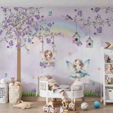 Imagem de Papel de parede Jardim Encantado Lilás com fadas irmãs loiras arco íri