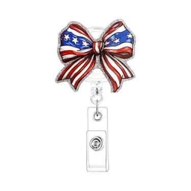 Imagem de Carretel retrátil para crachá de identificação do Dia da Independência, carretel de crachá retrátil com glitter prateado da bandeira dos EUA com clipes retráteis para enfermeira médica, enfermeira,