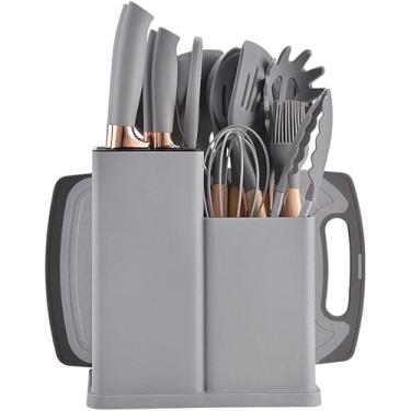 Imagem de Conjunto de utensílios de cozinha de silicone de 19 peças com cabo de madeira e tábua de estacas, balde de armazenamento, conjunto de utensílios de cozinha (cinza)