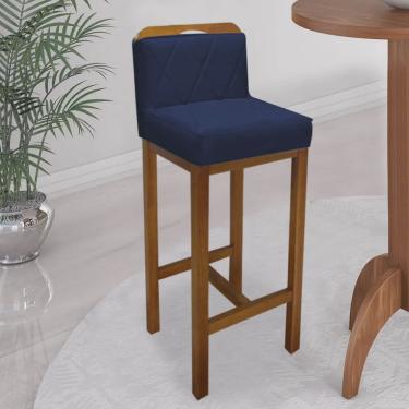 Imagem de Banqueta Alta Com Encosto Simon Cozinha Balcão Bistrô Base Madeira Rústico Suede Azul Marinho - Ahazzo Móveis