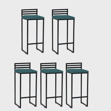 Imagem de Kit 05 Banqueta Alta Com Encosto Núria Balcão Bar Cozinha Bistrô Ferro Preto Suede Azul Turquesa - Ahz Móveis