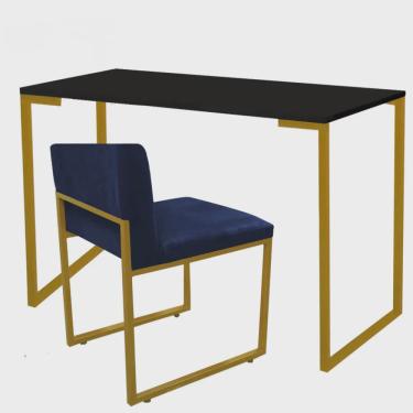 Imagem de Kit Mesa Escrivaninha Stan e Cadeira Lee Industrial Escritório Tampo Preto Dourado Suede Azul Marinho - Ahz Móveis