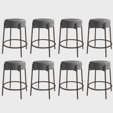 Imagem de Kit 08 Banquetas Alta Sintra 65cm Redonda Ferro Marrom Sintético Cinza - Ahazzo Móveis