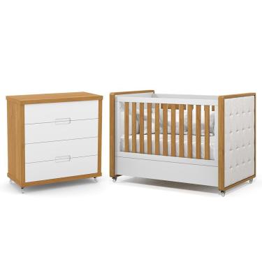Imagem de Jogo de Quarto Infantil Tutto New Cômoda 4 Gavetas e Berço com Capitonê - Matic Móveis Branco Soft/Freijó