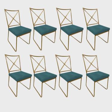Imagem de Kit 08 Cadeiras Sala de Jantar Escritório Office Clark Industrial Ferro Dourado Suede Azul Turquesa - Ahz Móveis