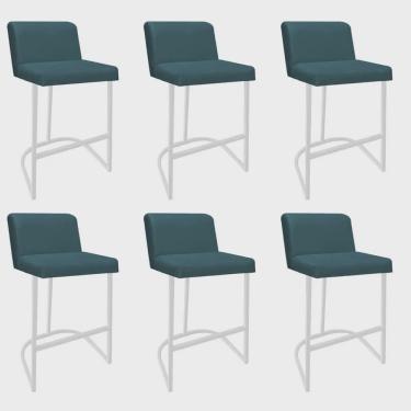 Imagem de Kit 06 Banquetas Com Encosto Noah Luxo Confort Bistrô Cozinha Ferro Branco Suede Azul Turquesa - Ahazzo Móveis