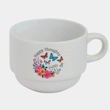 Imagem de Xícara Branca Bucks de Porcelana 180ml - FLORES BORBOLETAS HAPPY LIFE