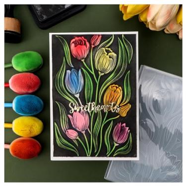 Imagem de Briartw Pasta de gravação Tulipa 3D para confecção de cartões, textura de plástico transparente, modelo de pasta em relevo para scrapbooking e artesanato em papel