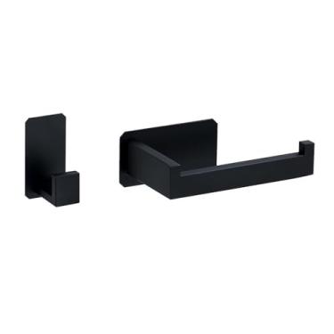 Imagem de Kit de ferragens para banheiro autoadesivo preto, suporte para papel higiênico de aço inoxidável, gancho para barra de toalha, acessórios para banheiro, conjunto de 2 peças