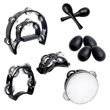 Imagem de Conjunto de 10 pandeiros para adultos, conjunto de percussão musical à mão, meia lua, pandeireta, martelo de areia, palitos de ritmo de madeira, agitadores de ovos para artigos de festa musical (preto