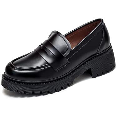 Imagem de U-lite Mocassins femininos clássicos simples de salto médio Oxfords Penny Mocassins confortáveis sem cadarço, Preto (patenteado), 35
