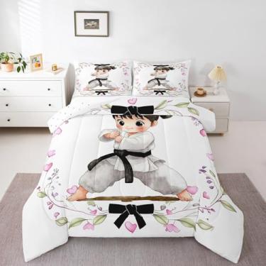 Imagem de Erosebridal Conjunto de edredom completo de karatê com estampa de quimono, para adolescentes, meninas, karatê, faixa preta, conjunto de cama com estampa de coração floral em aquarela