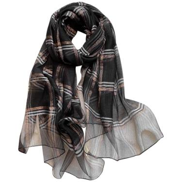 Imagem de Cachecol de seda para mulheres, lenço de cetim longo 71 x 189 cm com estampa xadrez, cachecol de seda elegante para usar no pescoço, cachecol feminino