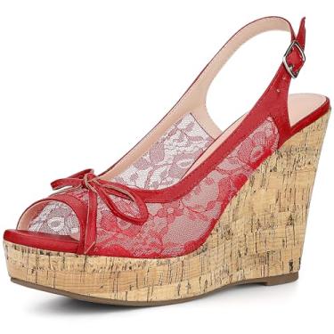 Imagem de Allegra K Sandálias femininas de salto plataforma plataforma de renda, Vermelho, 36