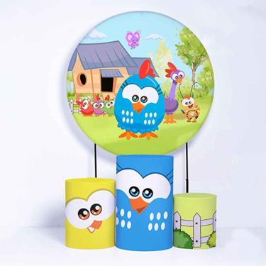 Imagem de Kit Painel de Festa Redondo de 1,50m e Trio de Cilindros Galinha Pintadinha - Fera Print