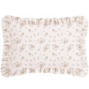 Imagem de Konssy Fronha infantil de musselina com babado, capa de travesseiro infantil de algodão macio para travesseiro de 13 x 18, fronhas aconchegantes de viagem para bebês com fecho de envelope (floral)