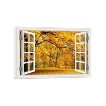 Imagem de Vista da Janela Paisagem Pintura em Tela-Árvore amarela outono-Impressão Lona Arte Parede Natural-Decoração Sala Estar 50x70cm Tela Embrulhada