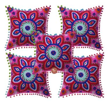 Imagem de IGH Capas de almofada de algodão 16x16 capas de almofada Suzani Settee fronha quadrada bordada tradicional rosa protetores de almofada decoração de casa capas de almofada com zíper [conjunto de 2