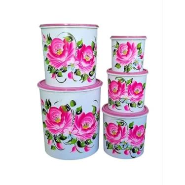 Imagem de Kit Mantimento 5 Peças Decorado A Mãojogo De Mantimento Lata Plástico,Organizador Alimentos(Branco rosa,5 peças)